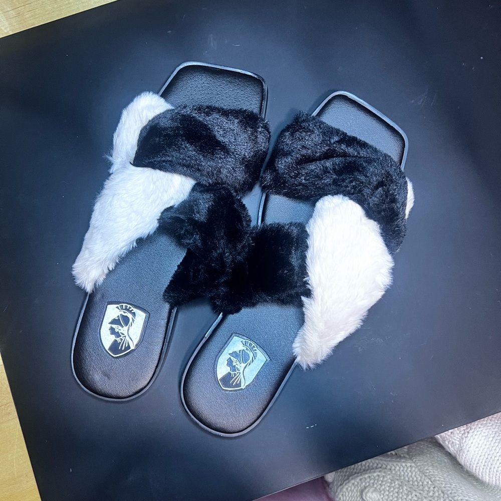 VHNY Black and White Fur Slippers
